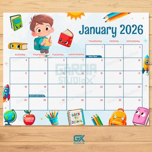 2026 Printable Calendar for Kids - Cute School Notebooks Theme ...