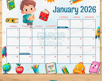 2026 Druckbarer Kalender für Kinder - Niedliche Schulhefte-Thema, bearbeitbarer Monatsplaner PDF, Vorlage für Studenten, Kinderkalender