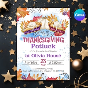 Invitation à une fête de Thanksgiving, modèle modifiable d'invitation partagée pour le dîner de Thanksgiving, repas-partage entre amis, invitation au dîner de Thanksgiving