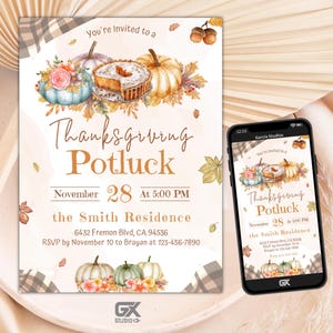 May include: Thanksgiving Potluck invitation with a watercolor illustration of pumpkins, fall leaves, and a pie. The invitation includes the date, time, and location of the event. RSVP by November 10th to Brayan at 123-456-7890.