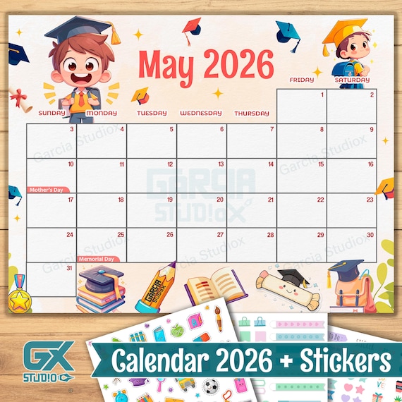May 2026 calendar for kids: graduation theme, editable school ...