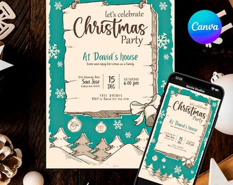 Może przedstawiać: Zaproszenie na przyjęcie bożonarodzeniowe w stylu vintage. Zaproszenie zawiera tekst "Let's celebrate Christmas Party" oraz szczegóły wydarzenia. Smartfon wyświetla to samo zaproszenie. Projekt zawiera ilustracje płatków śniegu, drzew i kokardy.