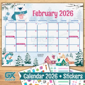 Calendario imprimible de febrero de 2026 / Lindo tema invernal / PDF editable / Plantilla de planificador mensual / Oso polar kawaii / Descarga instantánea, en blanco