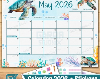 May 2026 Calendar Printable, Cute Sea Turtle Theme, Editable Monthly PDF, Instant Download, Ocean Animal Kids Template, Beach Decor Planner