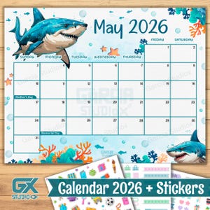 Printable May 2026 Shark Calendar for Kids, Cute Ocean Theme, Editable PDF, Instant Download, Monthly Planner, Fun Sea Animals Template