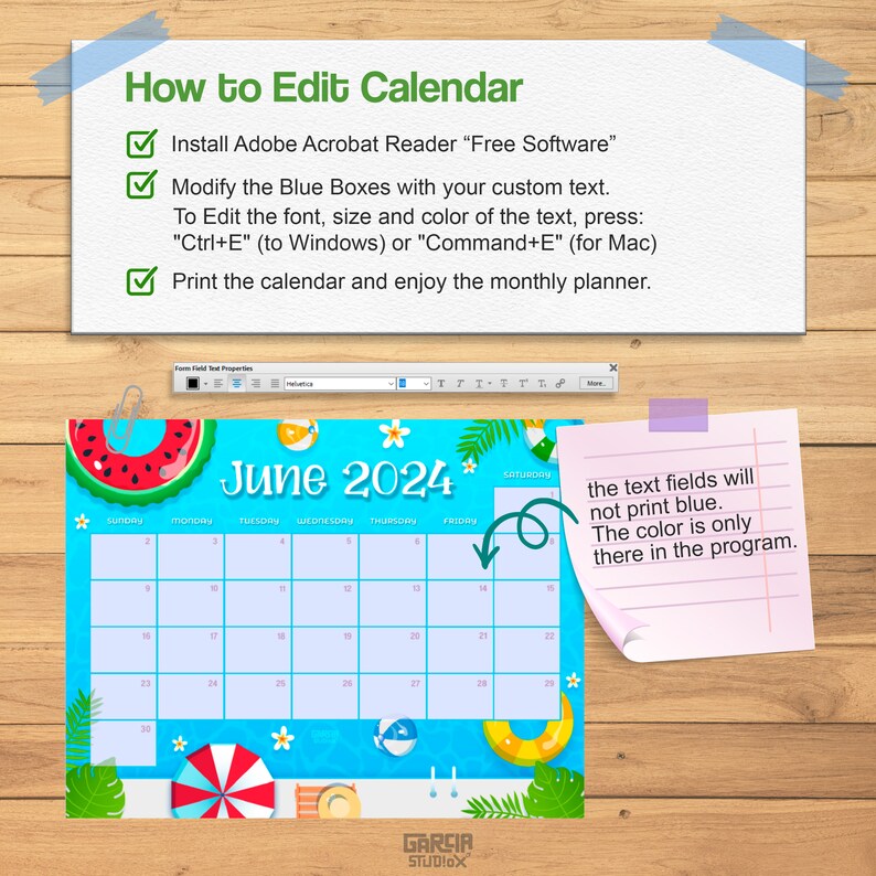 EDITABLE June 2024 Calendar, Fillable Summer Planner, Monthly Schedule