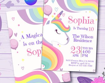May include: A colourful invitation featuring a unicorn illustration and rainbow stripes. The text reads "A Magical is on the Sop" and "Sophia is Turning 10". The invitation includes the date, time, and location of the event.