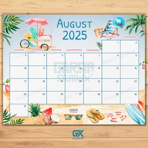 EDITABLE August 2025 Calendar, Fillable Summer beach Planner, Monthly Schedule for Kids, School, Home & Office Printable, Instant Download