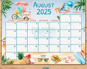EDITIERBARER Kalender August 2025, befüllbarer Sommerstrandplaner, Monatsplaner für Kinder, Schule, Haus & Büro druckbar, Sofort-Download