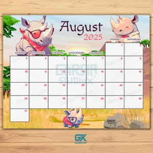 Calendario agosto 2025 modificabile, avventura safari con rinoceronte per bambini, estate, planner stampabile e compilabile per casa e lavoro, download immediato