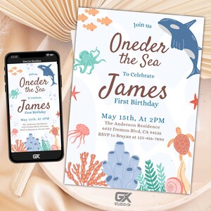 Convite de aniversário sob o mar, convite editável para festa de tubarão-baleia, modelo náutico para crianças de qualquer idade, download instantâneo, cartão de vida marinha