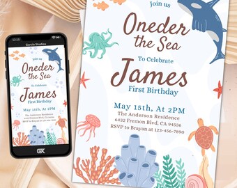 May include: A blue and white invitation card with a cartoon illustration of an orca whale, a starfish, a seahorse, and a sea turtle. The text on the card reads "Join us Oneder the Sea To Celebrate James First Birthday May 15th, At 2PM The Anderson Residence 6432 Fremon Blvd, CA 94536 RSVP to Brayan at 123-456-7890".