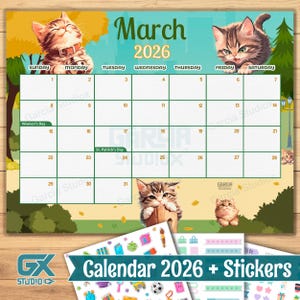 March 2026 Printable Calendar with Cute Maine Coon Cats, Editable PDF, Blank Monthly Template, Cute Cat Wall Art for Kids and Cat Lovers