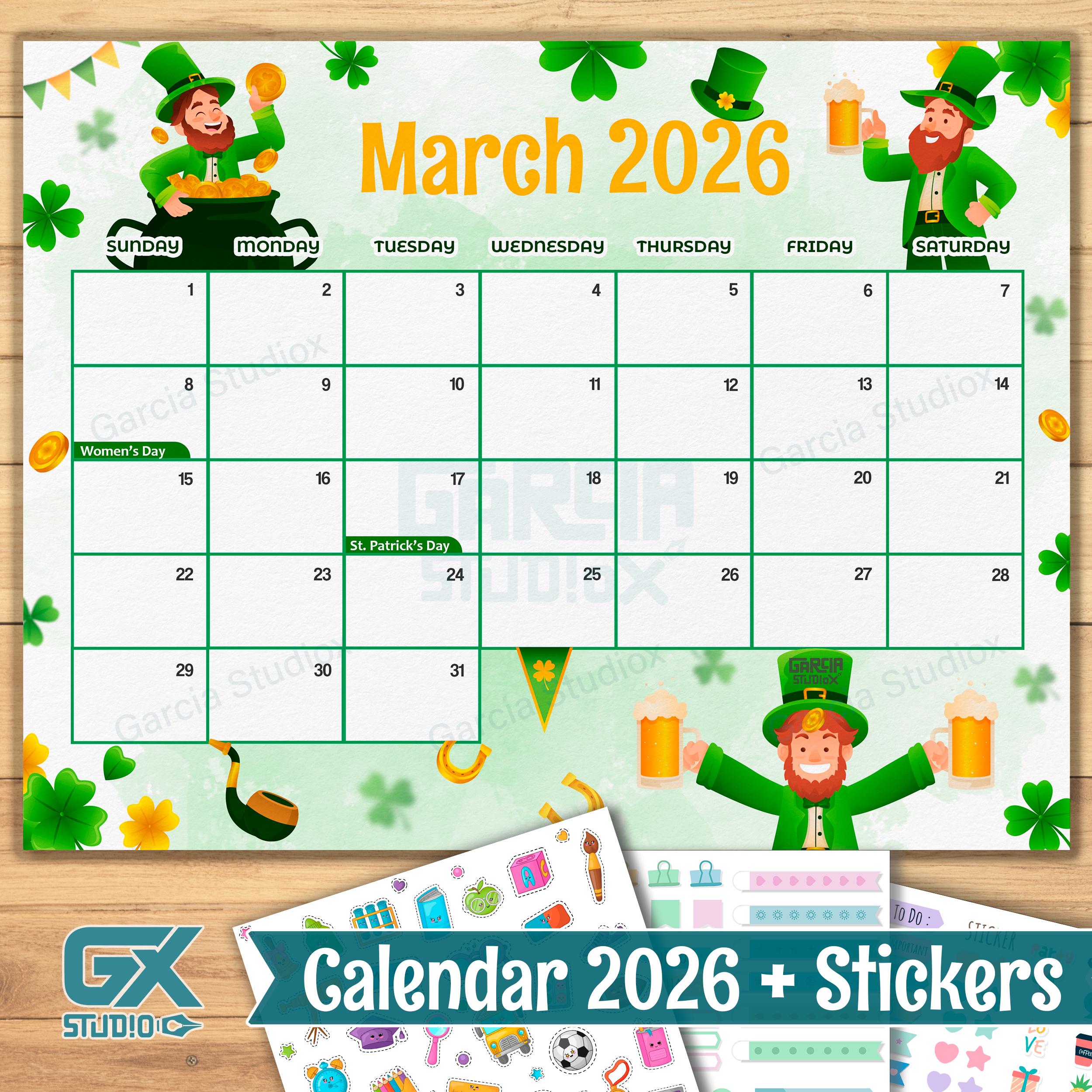 March 2026 Calendar Printable, St Patricks Day Theme, Cute ...