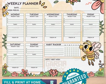 Best Weekly Planner Bee Design | Improve your Weekly Productivity with this Planner, Editable and Printable File, Honey Bee Digital Planner