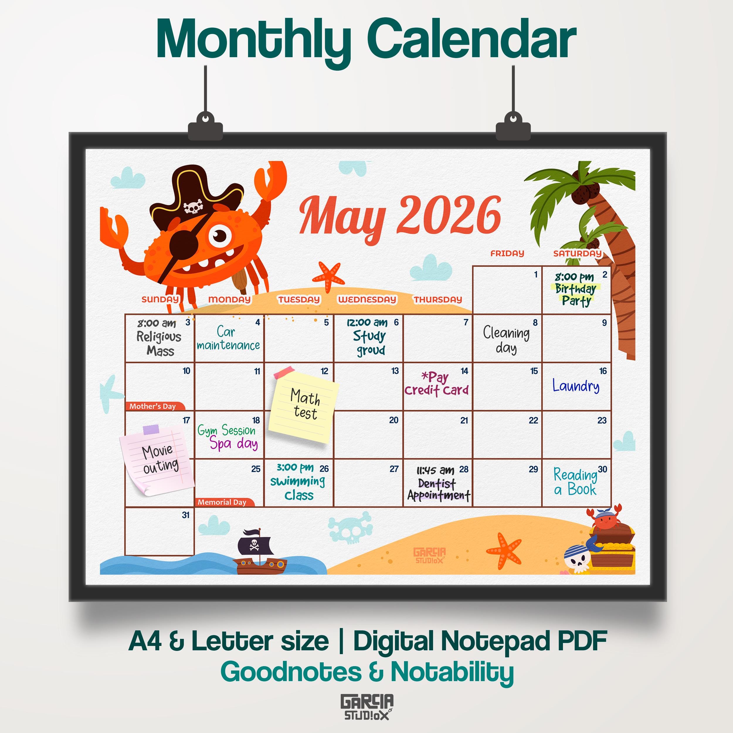 Calendario imprimible de mayo de 2026 para niños, temática de cangrejo ...