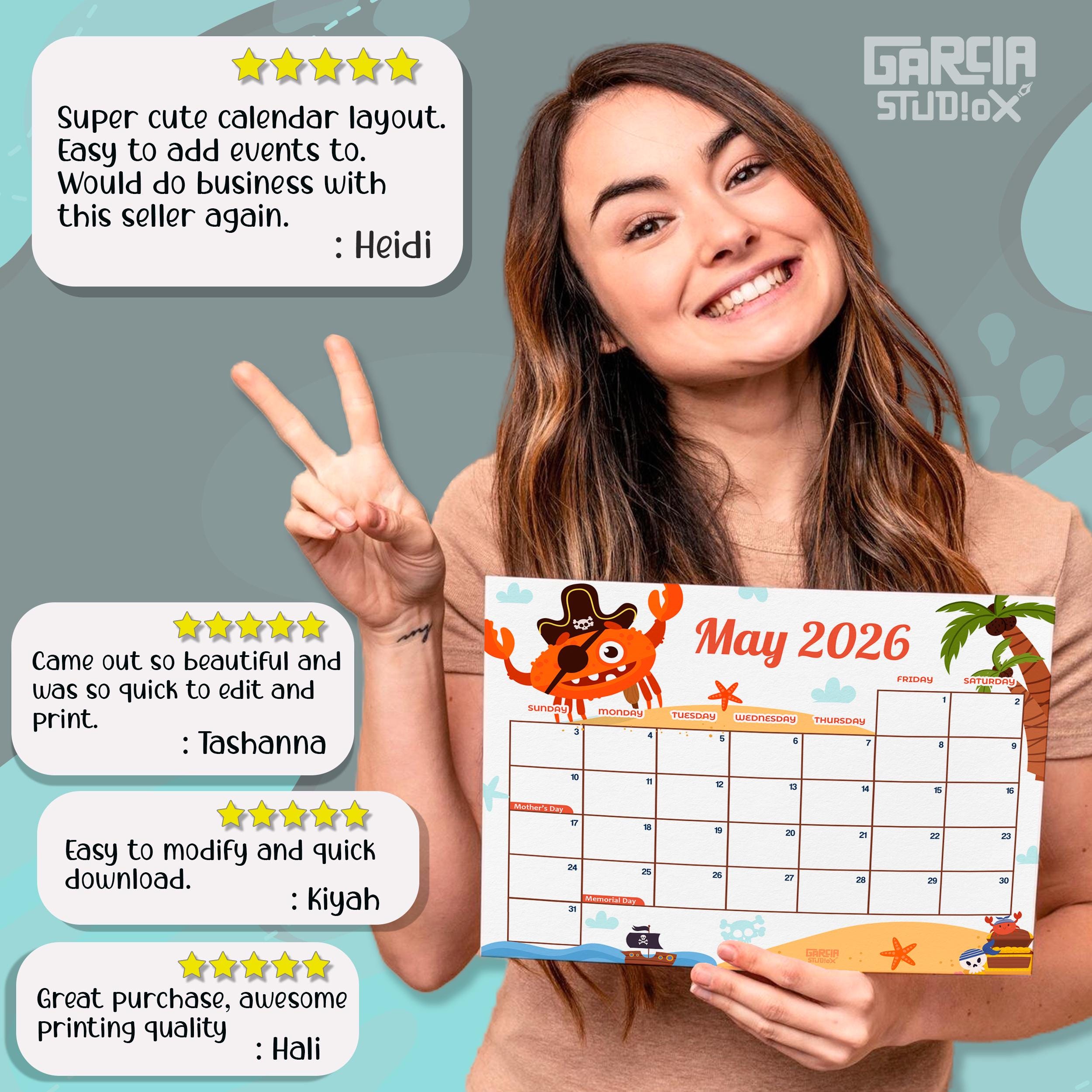 Calendario imprimible de mayo de 2026 para niños, temática de cangrejo ...