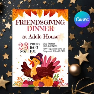 Könnte beinhalten: Eine Einladung zu einem Thanksgiving-Dinner mit einem Cartoon-Truthahn, der einen Pilgerhut trägt. Die Einladung ist für Donnerstag, den 23. November um 18:00 Uhr in Adele House, 6432 Fremon Blvd, CA 94536. RSVP bis zum 3. Dezember an Brayan unter 123-456-7890.
