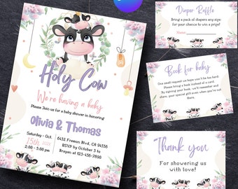 SET cow baby shower invitations, editable holy cow baby shower invitation package, pink cow baby shower invitation for girl, HIGHLAND COW