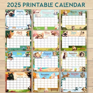 2025 Kids Calendar | Editable Monthly Calendar for Children, School and Teacher, 12 Month Digital Planner for Cat Lovers | Cats Printable