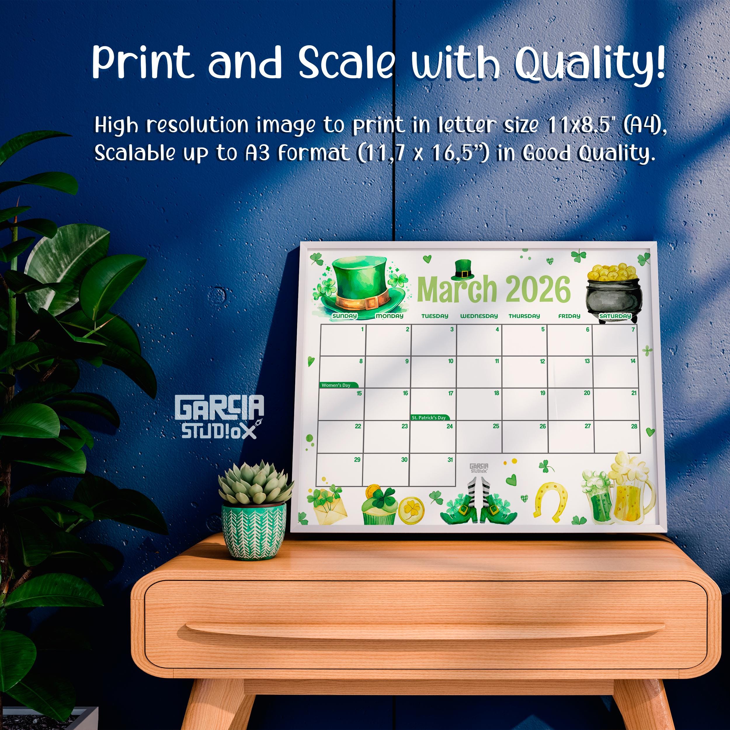 March 2026 Calendar Printable St. Patricks Day Theme, Cute Editable PDF ...