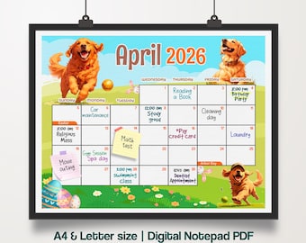 April 2026 Calendar Printable with Holidays, Cute Golden Retriever Dog  Theme, Editable PDF Template, Instant Download for Kids & Dog Lovers