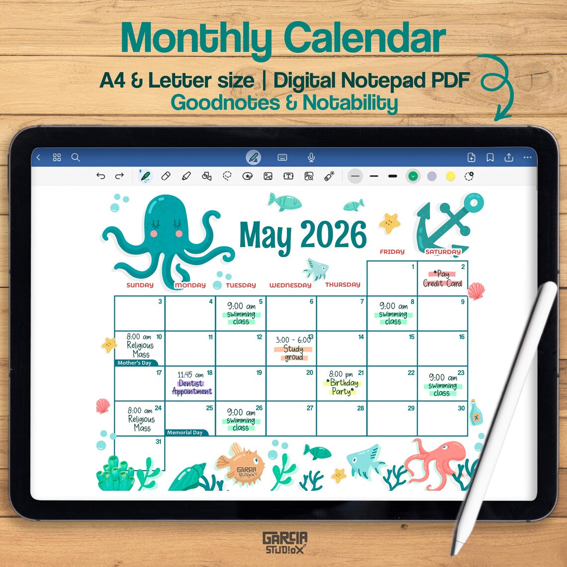 Calendario imprimible de mayo de 2026 para niños. Bonito pulpo con ...