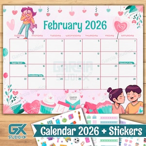 Calendario imprimible de febrero de 2026 con temática de San Valentín, plantilla mensual editable, pareja romántica, descarga instantánea, calendario digital