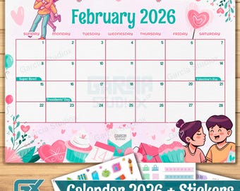 February 2026 Calendar Printable Cute Valentines Day Theme