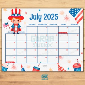 July 2025 Kids Calendar | 4th of July Independence Day Theme | Printable Editable PDF Template | Fun & Patriotic Design | Instant Download