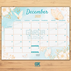 Calendario digitale MODIFICABILE dicembre 2025 Butterfly, planner blu e bianco personalizzabile, modello mensile minimalista per casa e ufficio