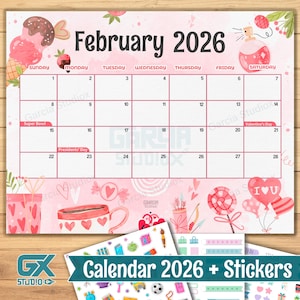 Calendario de febrero de 2026 (PDF imprimible), tema kawaii de San Valentín, plantilla mensual editable, descarga instantánea para el hogar, la escuela y la oficina.