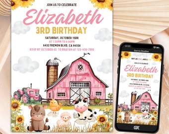 May include: A pink barn with a white X on the side, a silo, and a tractor in front of it. There are sunflowers, a cow, a sheep, a chicken, and a horse in the foreground. The text "Elizabeth 3rd Birthday" is on the invitation.