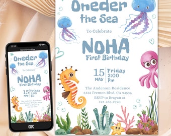 Oneder The Sea Celebration Template - Editable Magical Ocean Animals Party Card