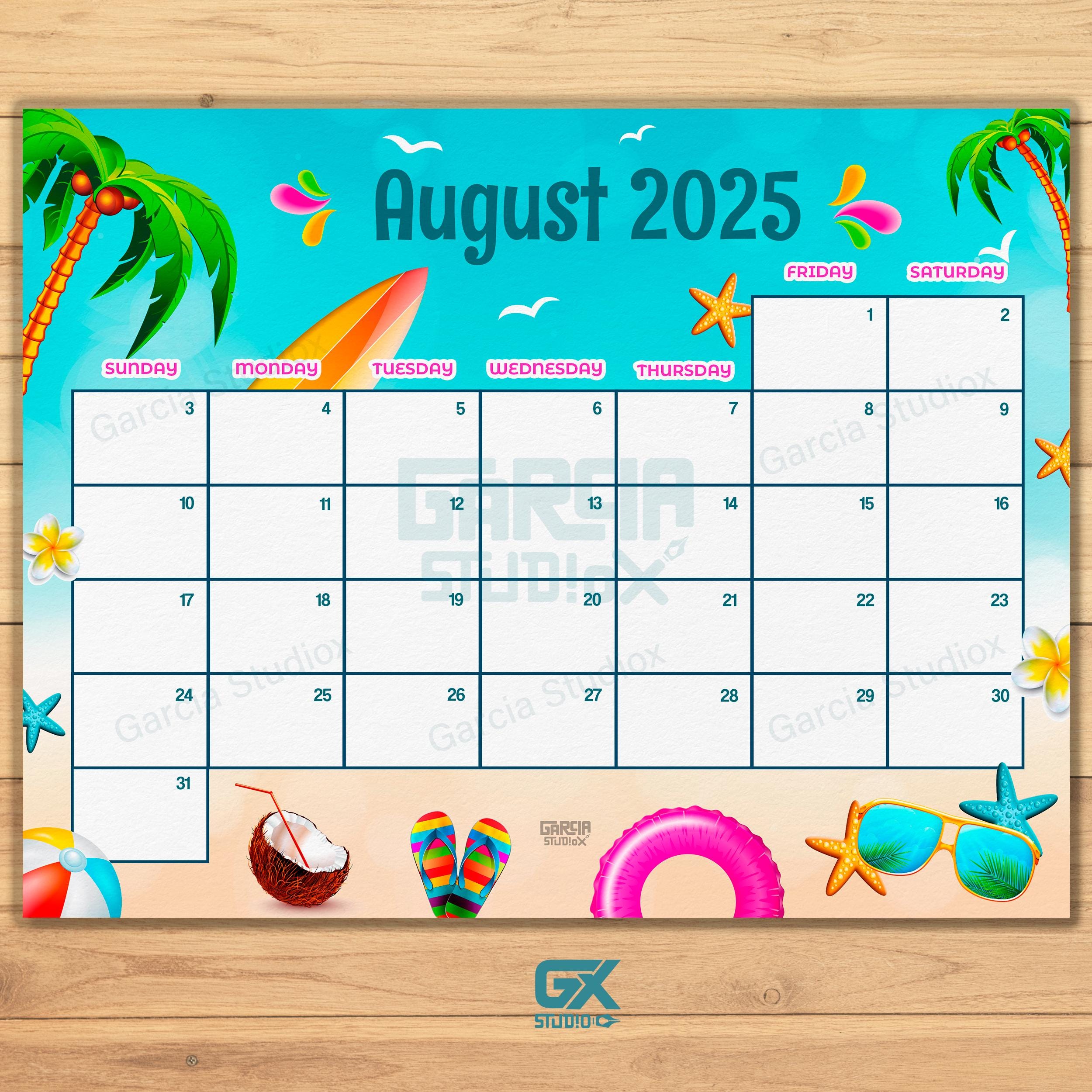 EDITIERBARER Kalender August 2025, befüllbarer Sommerstrandplaner, Monatsplaner für Kinder, Schule, Haus & Büro druckbar, Sofort-Download