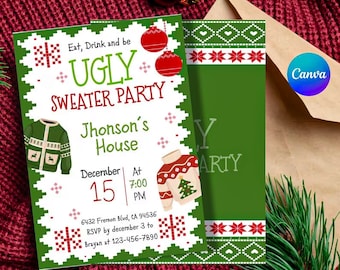 Editable Ugly Sweater party invitation, ugly sweater Christmas party invitations, eat drink and be ugly, Christmas invite