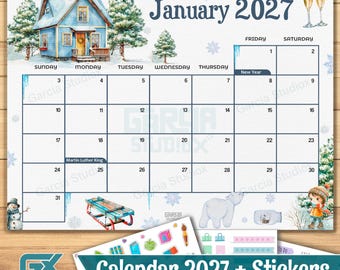 Afdrukbare kalender januari 2027, thema winterhuisje, een kalender voor januari 2026 met een winterthema, met een blauw huis, sneeuwpoppen