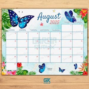 Calendario agosto 2025 modificabile, farfalle blu carine estate, grazioso organizer, planner stampabile e compilabile per casa e lavoro, download immediato