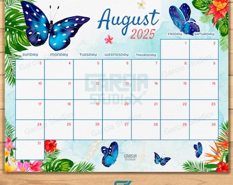 EDITIERBARER Kalender August 2025, niedliche blaue Schmetterlinge Sommer, hübscher Organizer, druckbarer befüllbarer Planer für Zuhause & Arbeit, Sofort-Download