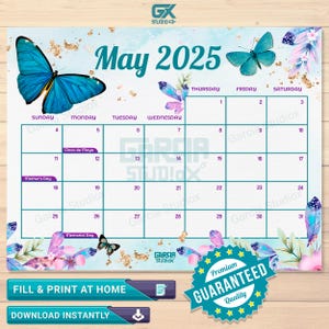 May 2025 Digital Calendar, Printable Spring planner, Monthly Calendar for kids with Butterfly, Monthly Calendar with Holidays.