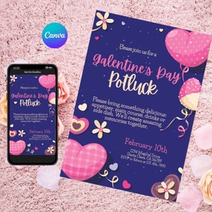 May include: A blue and pink invitation for a Galentine's Day potluck. The invitation features hearts, flowers, and a pink and white ice cream cone. The text on the invitation reads "Please join us for a Galentine's Day Potluck" and "Please bring something delicious: appetizer, main course, drinks or side dish. We'll create amazing memories together." The date and location of the potluck are also included on the invitation.