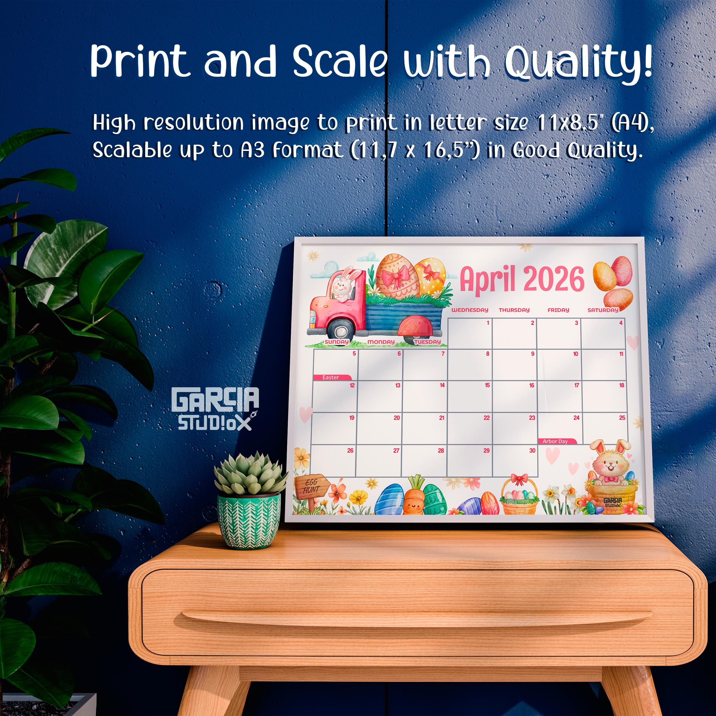 April 2026 Calendar Printable With Easter Bunny Truck, Cute Kids Easter ...