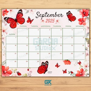MODIFIABLE septembre 2025 calendrier papillon rouge, agenda numérique imprimable, agenda rechargeable, calendrier mensuel pour enfants, école à la maison, bureau