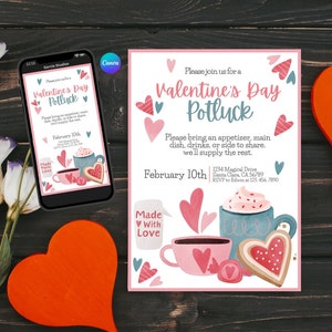 Könnte beinhalten: Eine rosafarbene und weiße Einladung zu einem Valentinstags-Potluck mit einer niedlichen Illustration einer Tasse heißer Schokolade, einem Keks und Herzen. Der Text lautet: "Bitte schließen Sie sich uns zu einem Valentinstags-Potluck an. Bitte bringen Sie einen Appetizer, ein Hauptgericht, Getränke oder eine Beilage zum Teilen mit. Wir liefern den Rest. 10. Februar. 1234 Magical Drive, Santa Clara, CA 56789. RSVP an Edwin unter 123.456.7890."