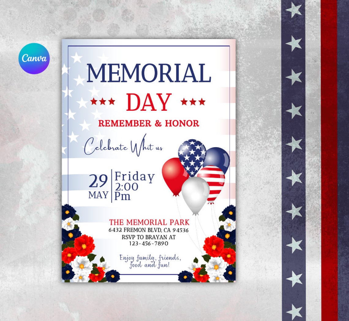 Memorial Day Party Invitation, Memorial Day Invitation, Red White and ...