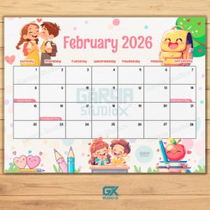 Calendario imprimible de febrero de 2026 para el horario escolar de los niños: bonito tema escolar de San Valentín, descarga instantánea, calendario de aula para niños.