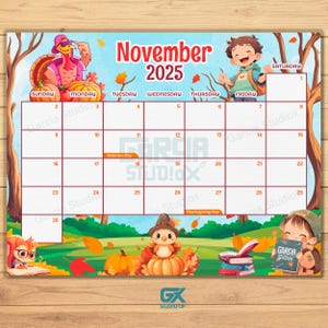 PRINTABLE November 2025 Calendar for Kids, Thanksgiving Turkey Theme, Editable PDF, Homeschool Activity Planner, Cute Turkey Design for Kids