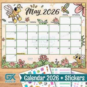 May 2026 Printable Calendar for Kids and Families, Cute Bee and Flower Theme Monthly Planner with, Editable PDF Template, Instant Download