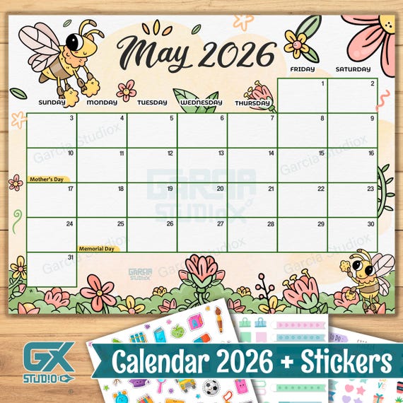 May 2026 Printable Calendar: Bee & Flower Theme, Editable PDF (US ...