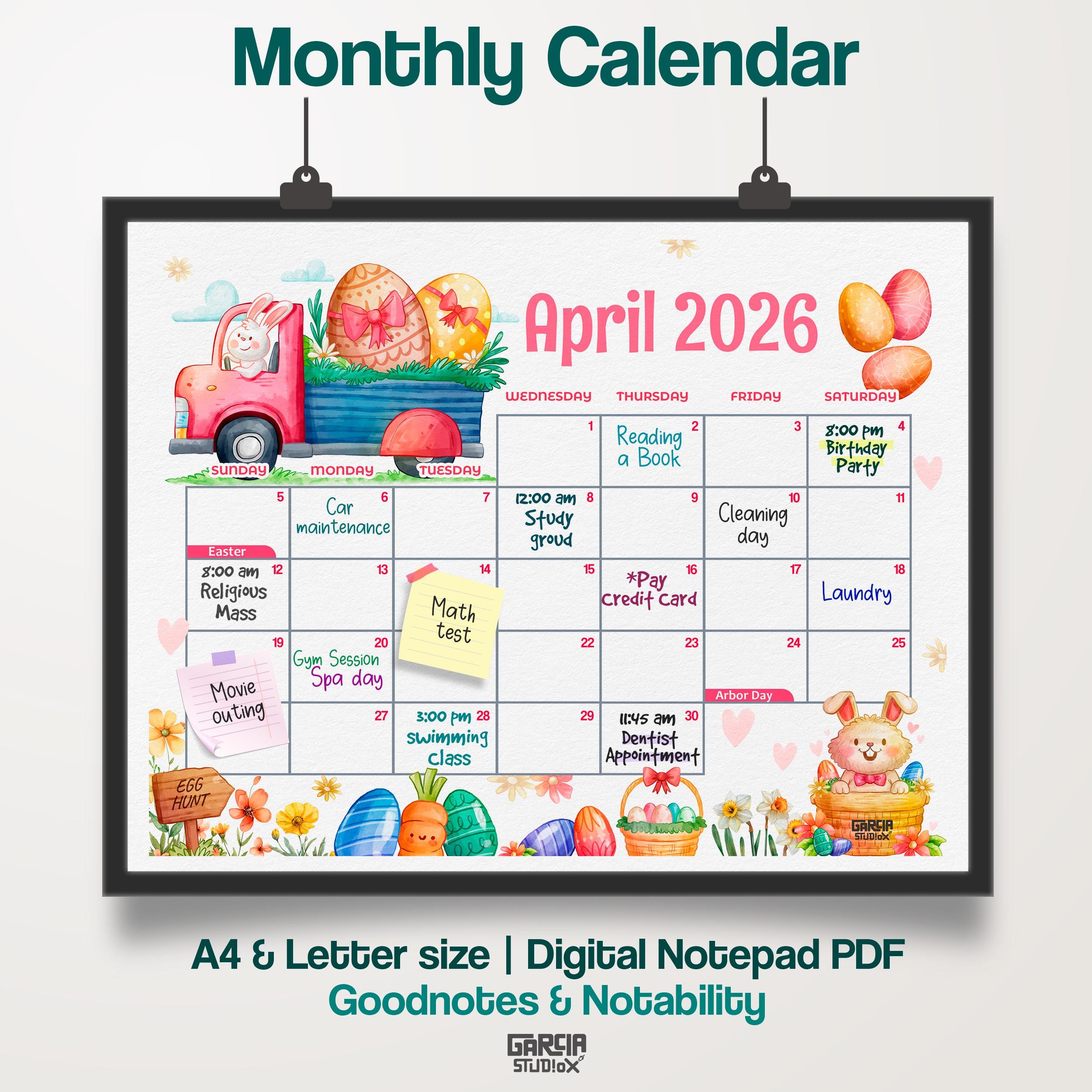 April 2026 Calendar Printable With Easter Bunny Truck, Cute Kids Easter ...